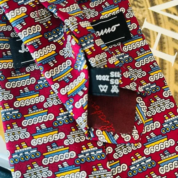 SALVATORE FERRAGAMO Silk Necktie “Tug Boat” Print Tipped Burgundy Gray 58.5x3.5 - Picture 6 of 10